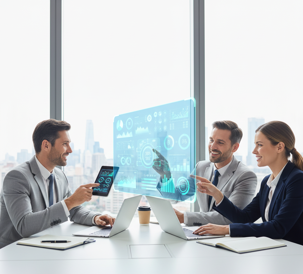 Equipe em reunião analisando dashboards e indicadores