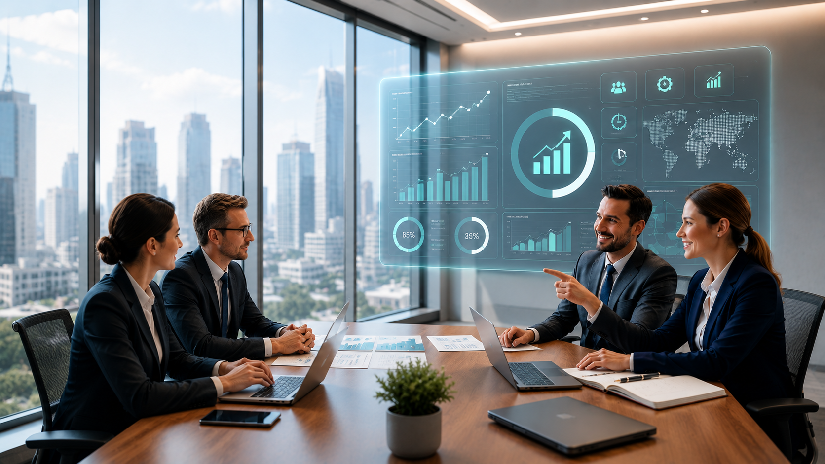 Painéis em tempo real com indicadores de gestão e equipe analisando dashboards