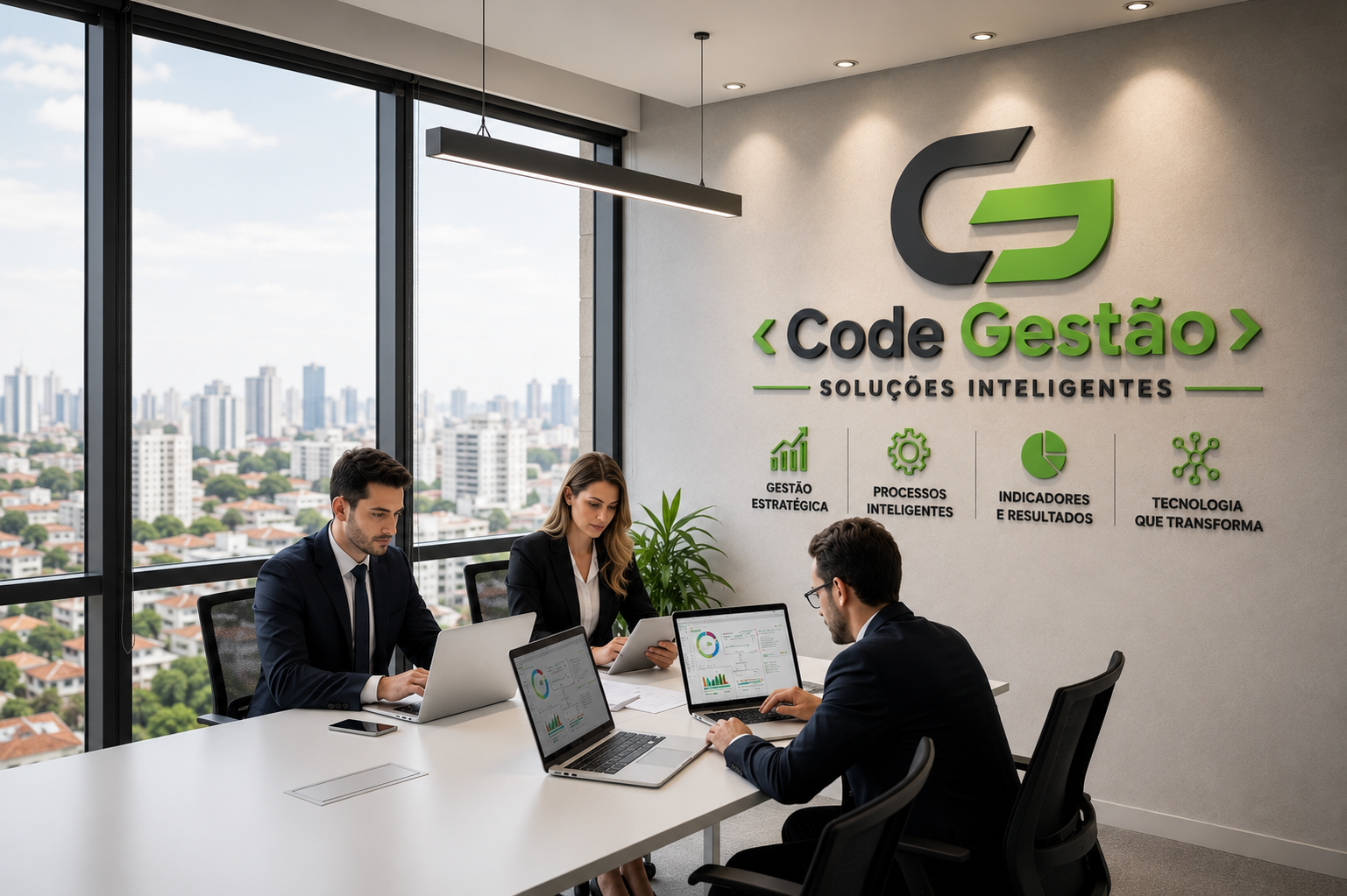 Equipe da Code Gestão analisando dashboards em sala corporativa
